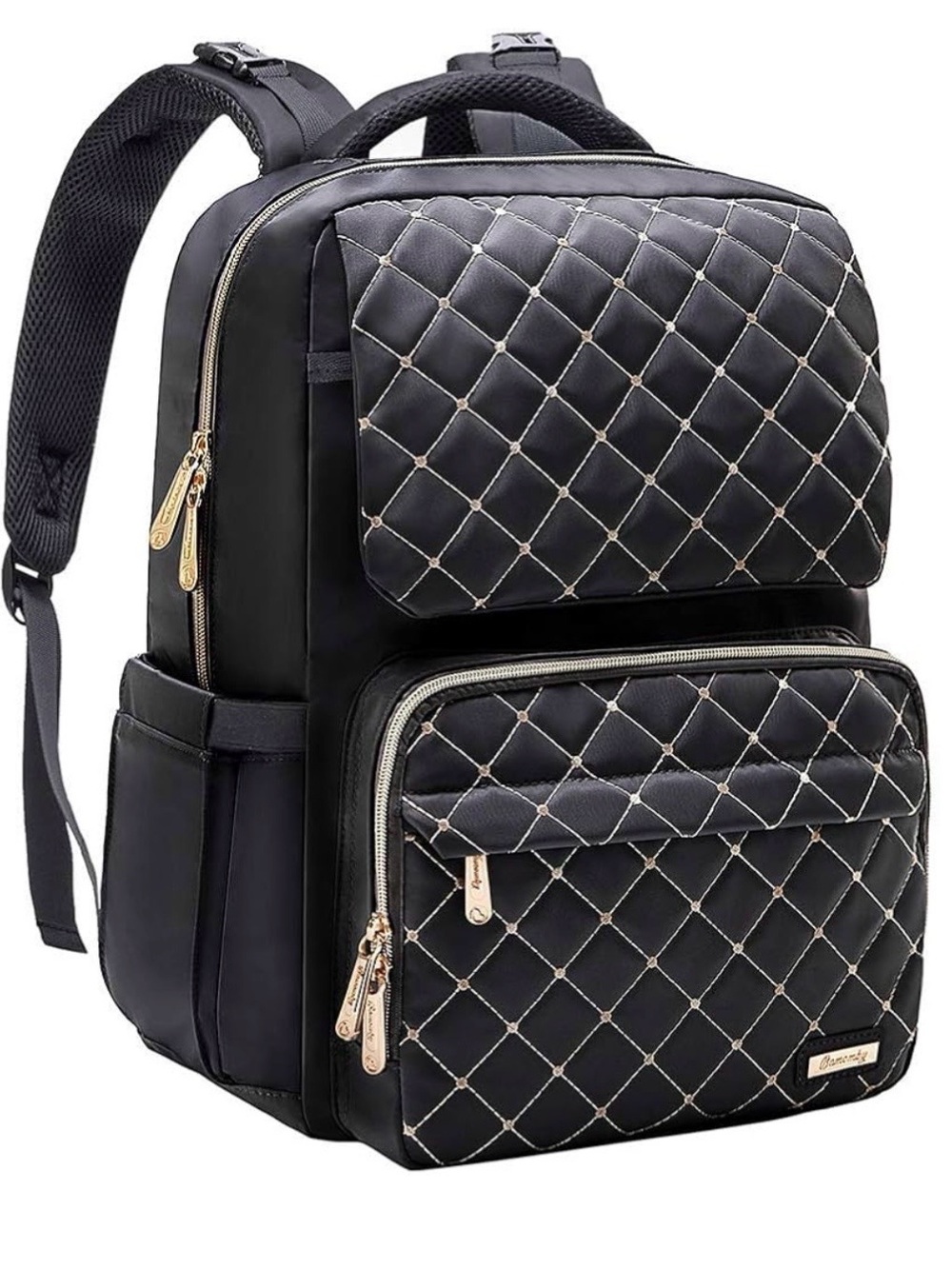 Black Quilted Multi-Function waterproof diaper bag with Gold Accent